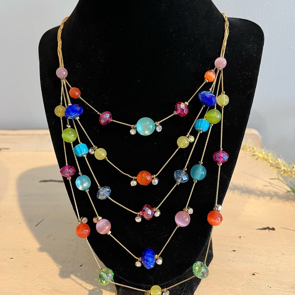 Vintage 5 Strand Multicolored Glass Bead Gold Tone Adjustable Necklace